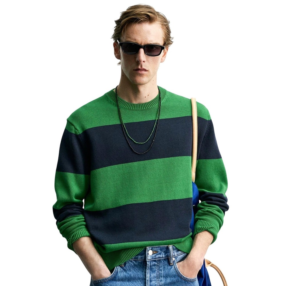 Aaron Levine ZARA Striped Jacquard Crewneck Sweater Men M 100% Cotton Blue Green